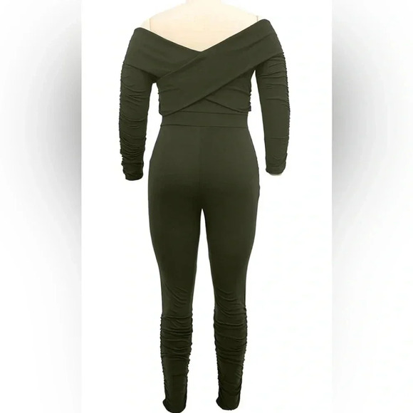 Womens Plus Size Sexy Off Shoulder Solid Color Ruched Bodycon Jumpsuits - Picture 6 of 8